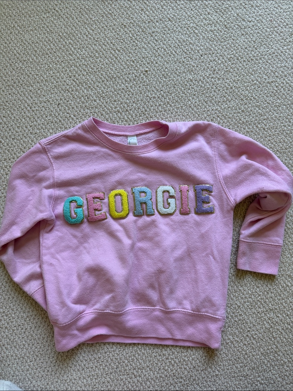 Rabbit Skins Pink Crewneck Sweatshirt with Multicolor 'GEORGIE' Appliqué